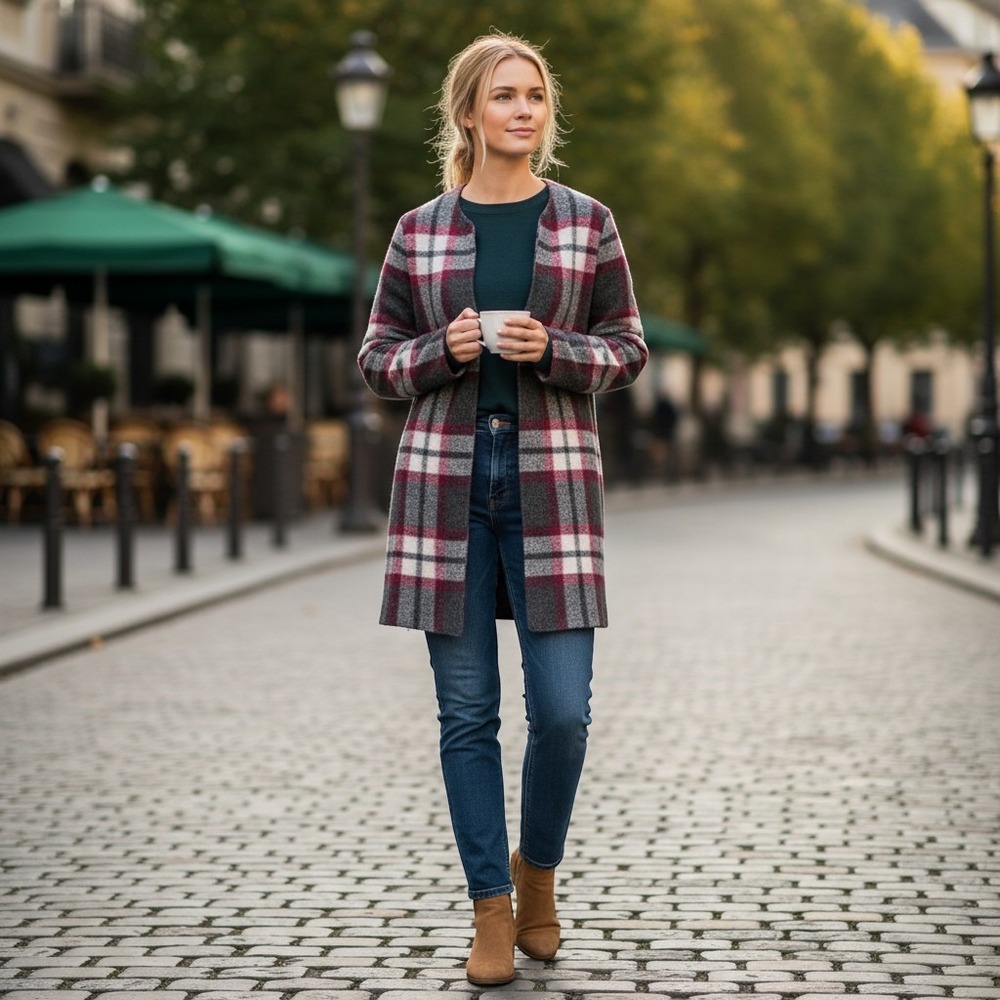 Max Studio Women Plaid Wool Blend Open Front Cardigan Coat Burgundy Grey Small